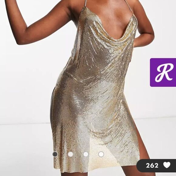 Gold chain mail halter mini dress. #5 - Picture 1 of 13